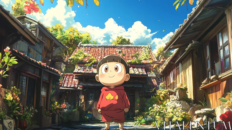 Anime village courtyard with child in sunlit frontal perspective.