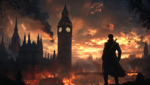 Lone wanderer gazes over fiery London sky at dusk.