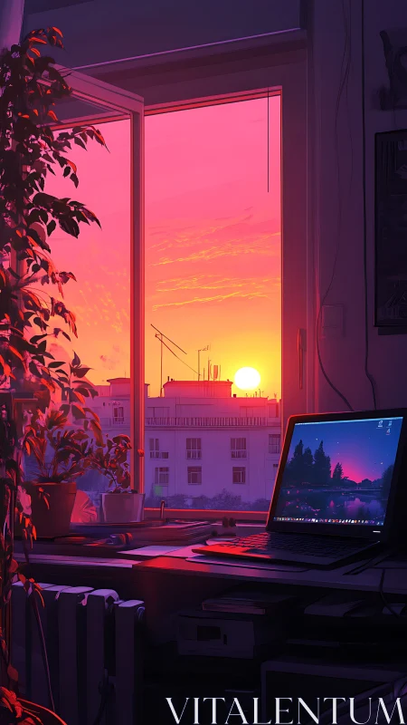 Sunset workstation glowing between city skyline and screen.
