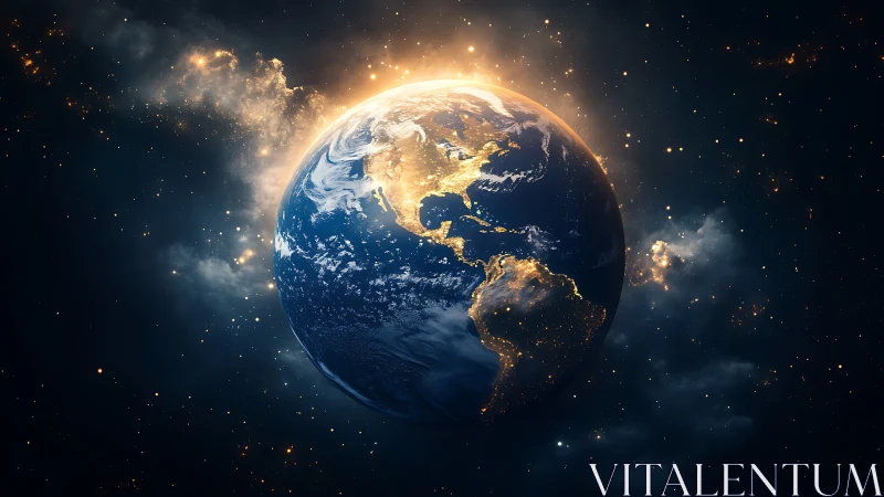 Luminous Earth drifting through starlit cosmic dusk.