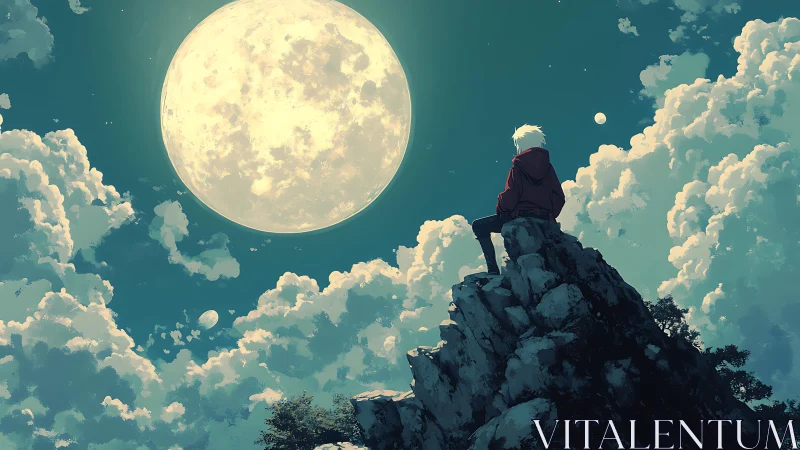 Figure on rocky peak under large moon and dense clouds.