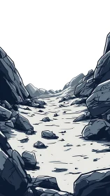 Narrow rocky canyon corridor with stylized dry riverbed path.