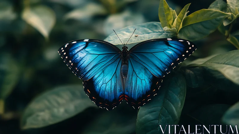 Electric sapphire butterfly resting on shadow-soaked leaves.