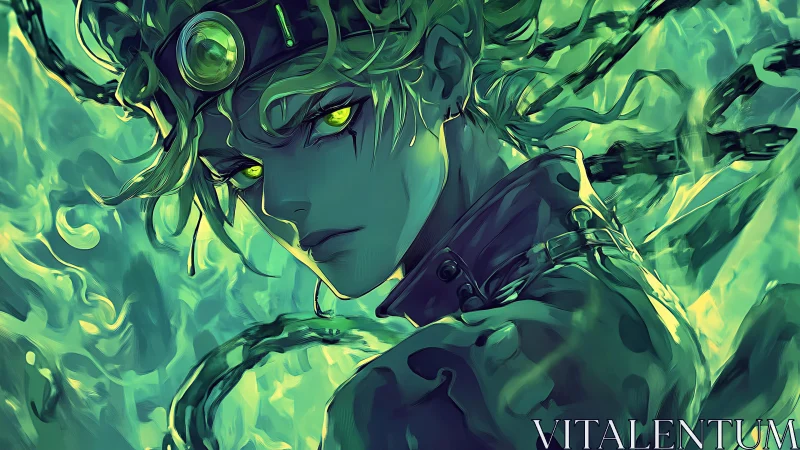 Neon-eyed warrior in swirling chains and toxic green flames.