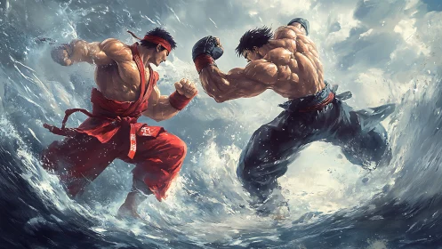 Martial artists trading blows amid crashing ocean waves.