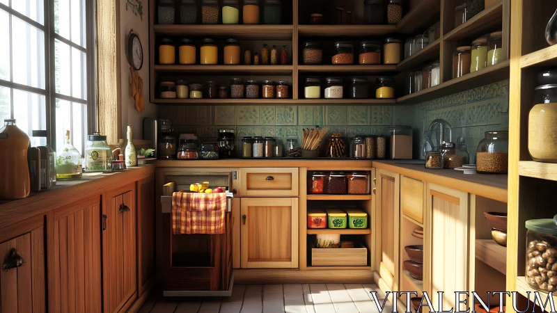 Sunlit pantry kitchen showcases warm wood and organized jars