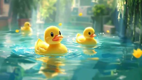 Rubber ducks occupy shallow pool under diffused daylight