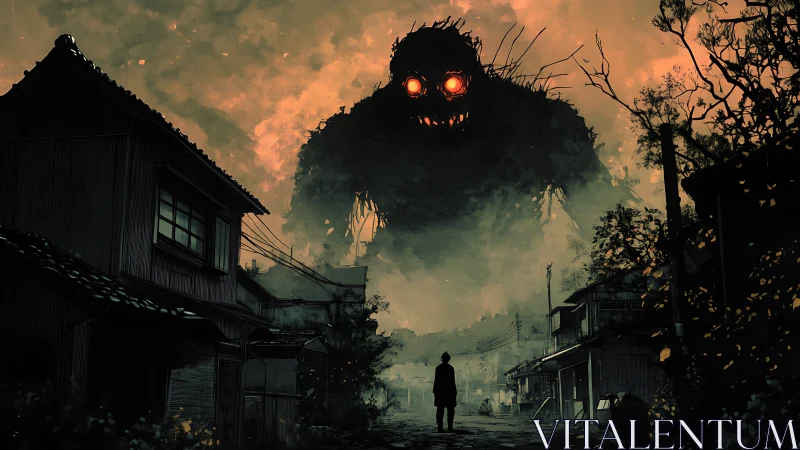 Colossal ember-eyed entity looming above abandoned village.