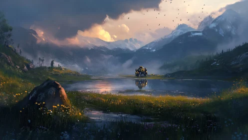 Autonomous rover at alpine lake under storm-fractured light.