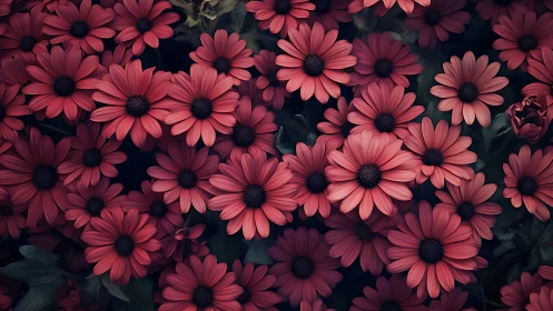 Deep Pink Daisies Blooming Against Dark Foliage