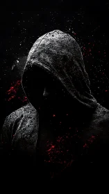 Shadowed hooded figure in dramatic splashes of deep red.