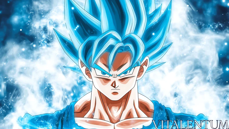 Blue haired anime warrior amid glowing energy aura.