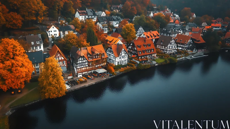Lakeside autumn village glowing with cozy riverside charm.