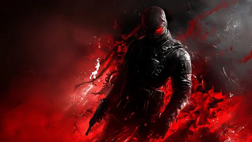 Shadowy cyber soldier emerging from glowing red chaos.