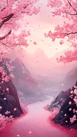 Blossom-lined mountain path curves into misty pink horizon