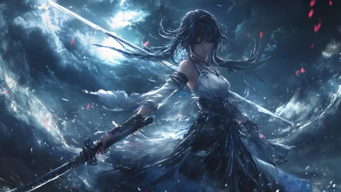 Stormlit blade dancer in a midnight sea of shattered sky.