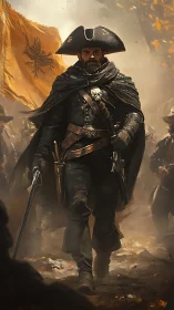 Battle-hardened captain strides through smoke and embers.