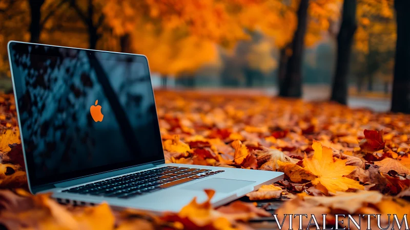 Aluminum laptop on autumn leaf carpet, shallow depth of field