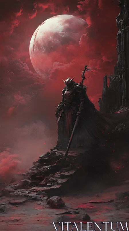 Armored warlord under blood-red moon on eroded basalt ridge