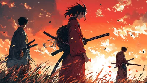 Samurai trio in sunset field with windborne foliage and katanas.