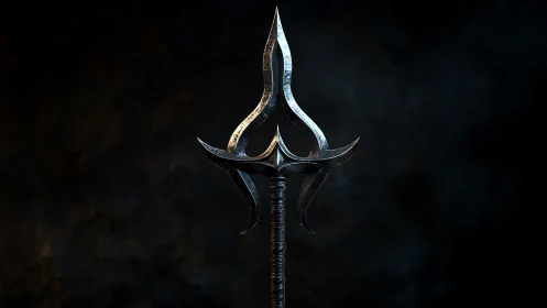 Forged trident spear with curved blades under dramatic light