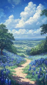 Blue wildflower path winds toward a peaceful distant valley.