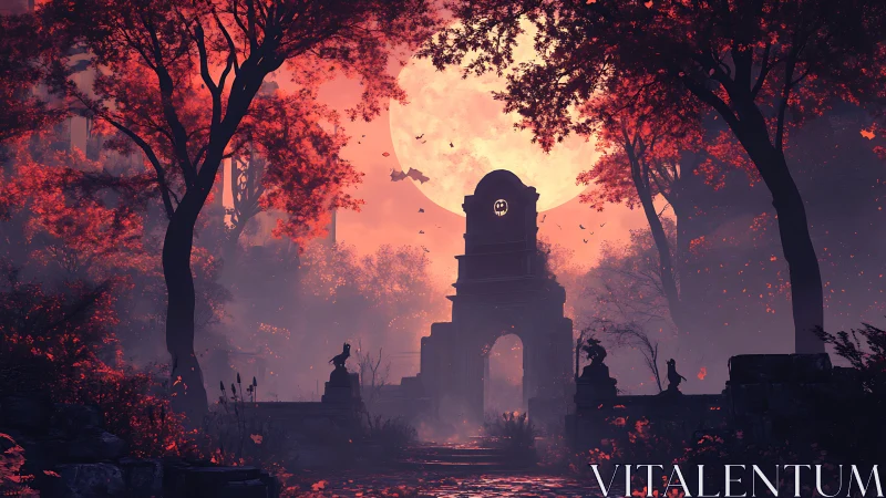 Ruined stone archway under large full moon in forest.