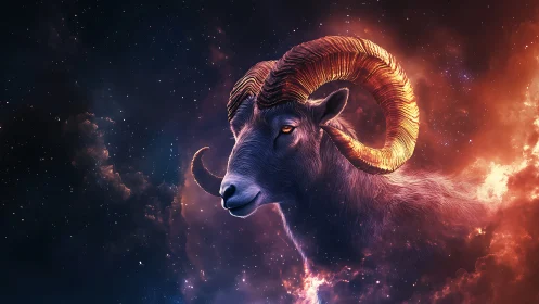 Celestial ram portrait merges luminous nebulae with cosmic anatomy