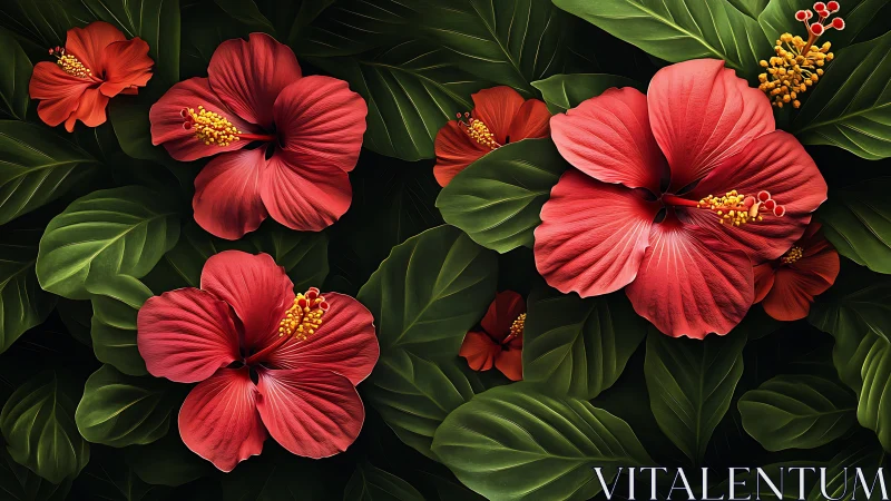 Crimson Hibiscus Blooms Dance in Verdant Garden Shadow.