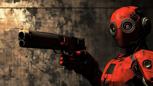 Cyberpunk red combat android in profile with handgun poised.