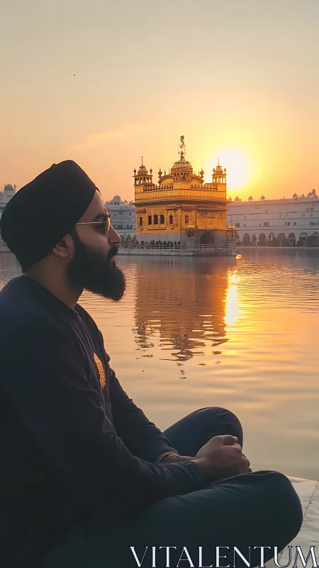 Sunset reflection study at sacred waterside architecture.