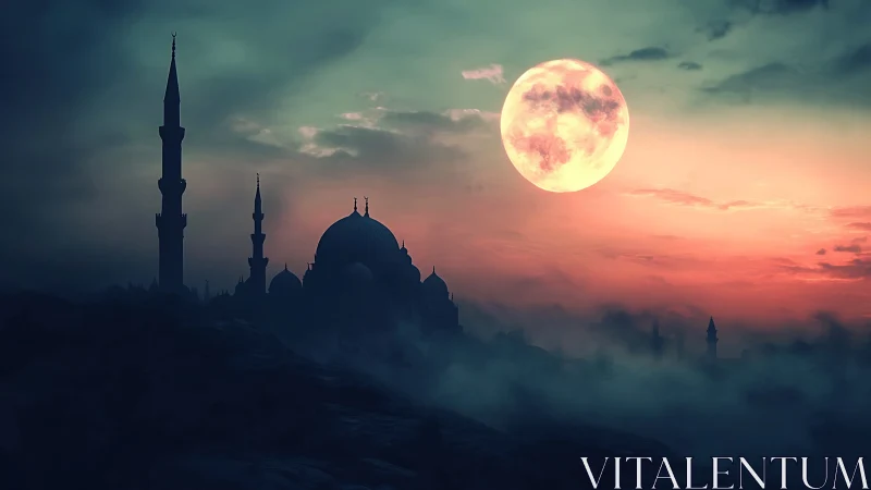Moon-soaked desert mosque dreaming in violet misted dusk.