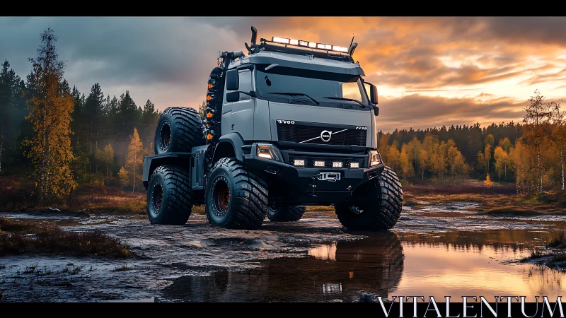Sunset off road truck pausing in a glowing autumn marsh.