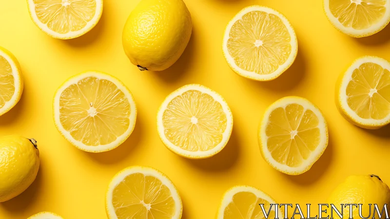Whole and sliced lemons arranged on bright yellow background.