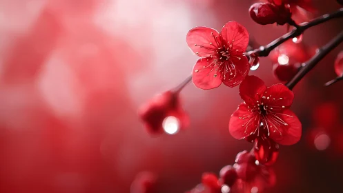 Crimson Plum Blossoms With Dewdrops: Bokeh-Enhanced Spring Botanical.