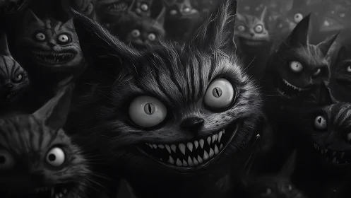 Menacing Grin: Black and White Horror Cat Creatures Emerge From Darkness
