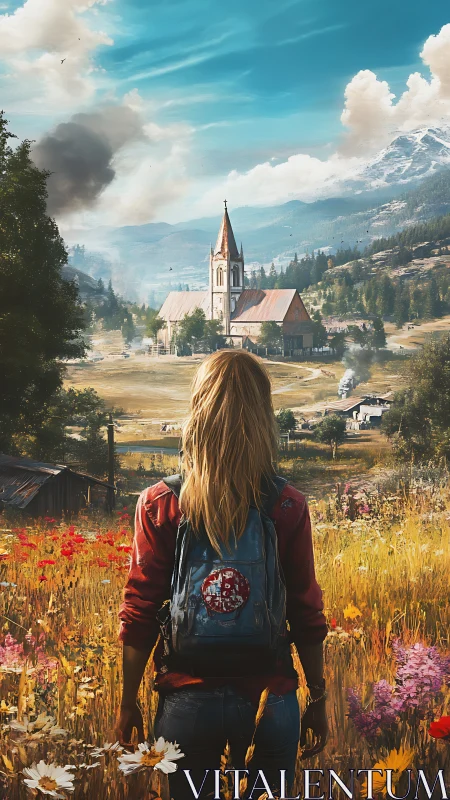 Wandering traveler gazes toward a distant mountain village.