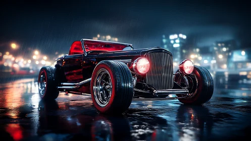 Sleek hot rod gleams on a rainy neon city street at night.