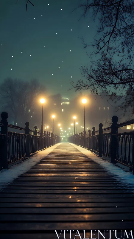 Winter walkway aglow with gentle lamplight and quiet snow.