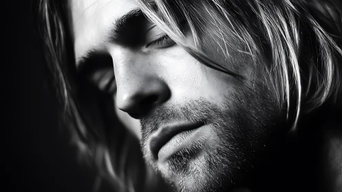 Monochrome closeup portrait captures serene male profile.