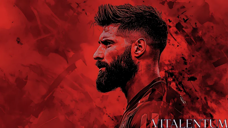 Red digital portrait of bearded football player in profile.