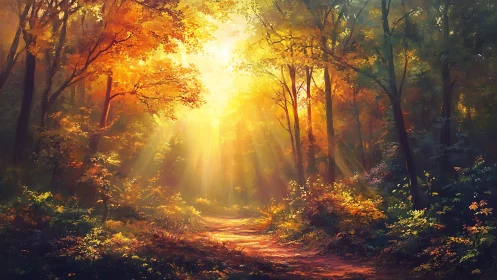 Digital painting of luminous autumn forest path composition.
