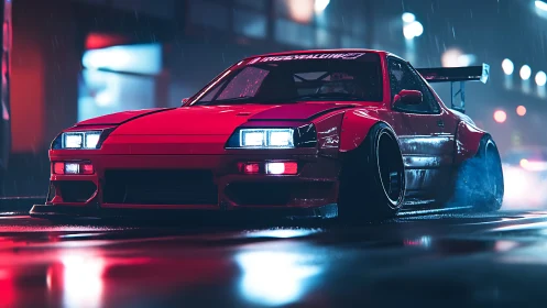 Modified red sports car on wet neon lit night street.