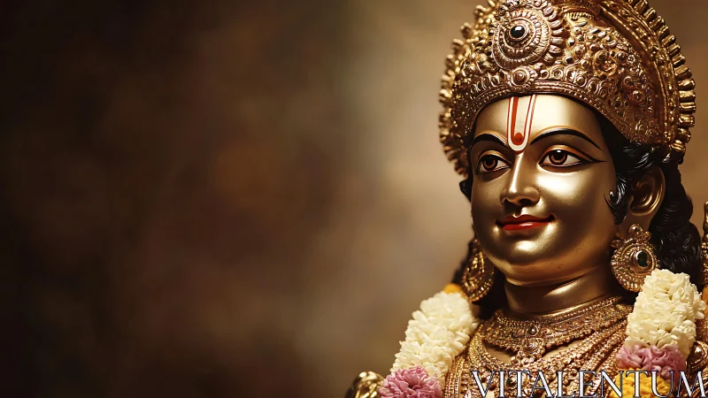 Golden Hindu deity statue with floral garlands displayed.