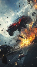 Dynamic 3D car explosion with diagonal motion composition.