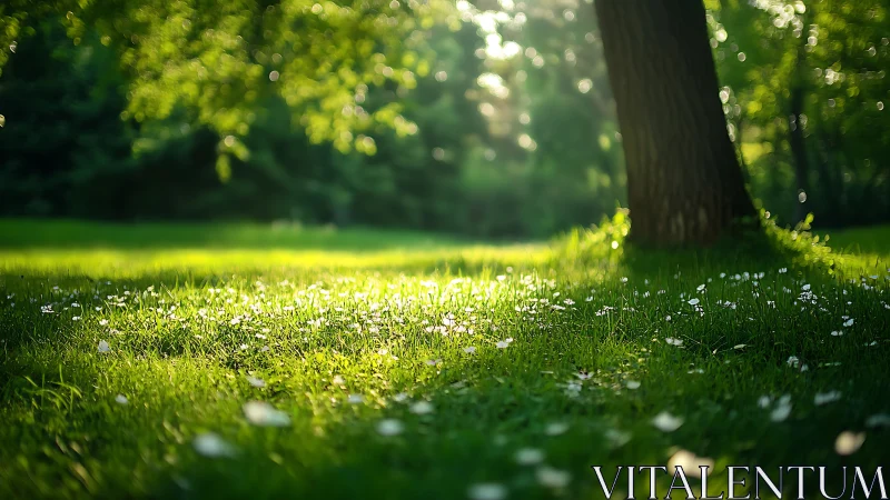 Sunlit Forest Meadow with Wildflowers in Soft Focus Photography.