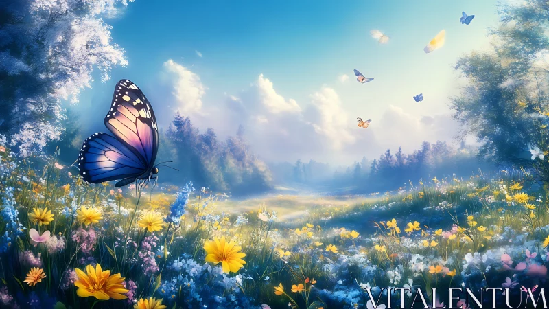 Vibrant butterfly in dreamy wildflower meadow, digital fantasy art.