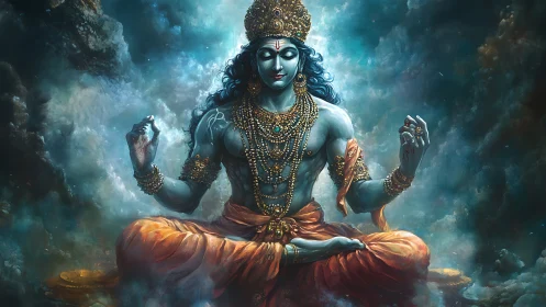 Digital painting of meditative deity in celestial cloud space.