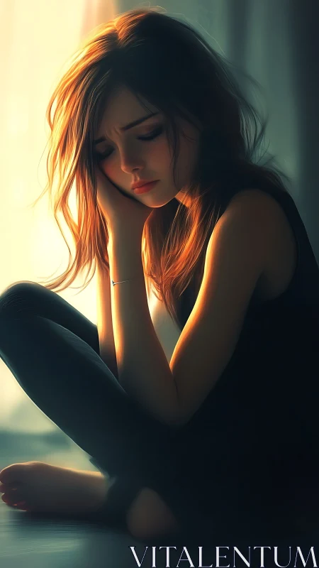 Digital painting of pensive girl in dramatic side lighting.