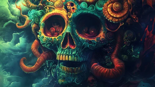Psychedelic skull of swirling tentacles haunts an abyssal void